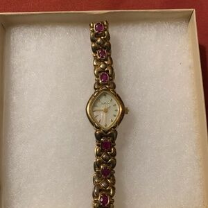 Women Elgin Gold plated watch with 3 Red Ruby stones